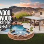 Aerial drone photo of a beautiful backyard with swimming pool and an elegant aluminum patio cover, large bold text overlay saying 'Alumawood vs Elitewood: Which is Best for Las Vegas Heat?', cinematic lighting, 4K quality