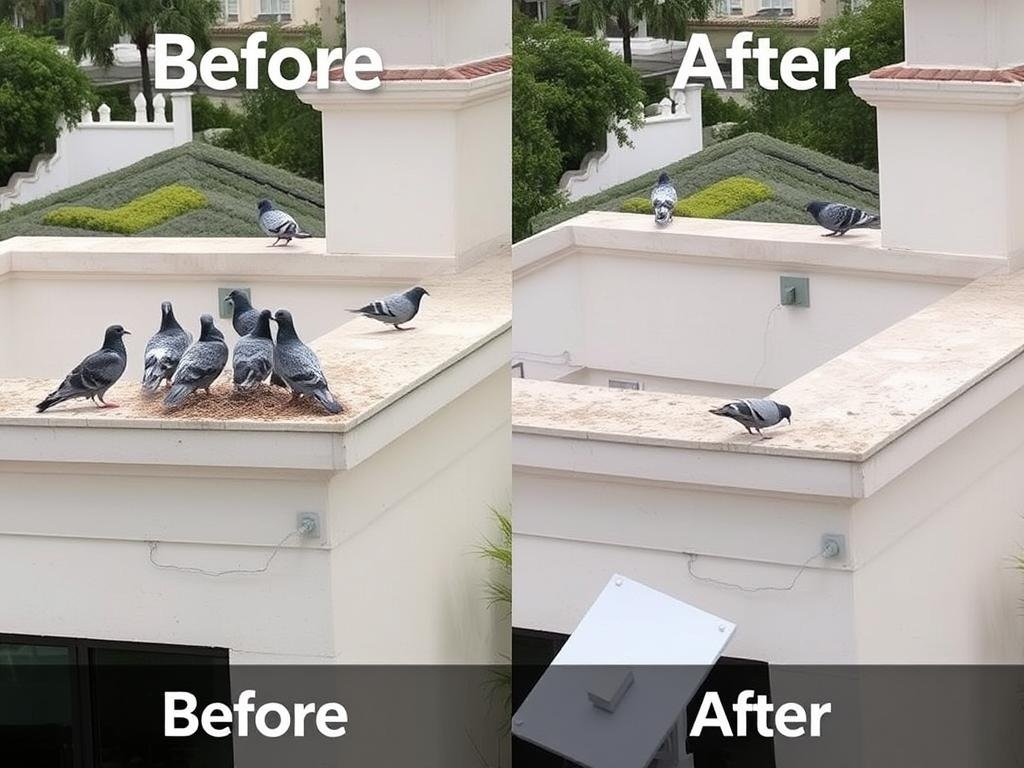 Before and after of pigeon control on a Beverly Hills luxury home