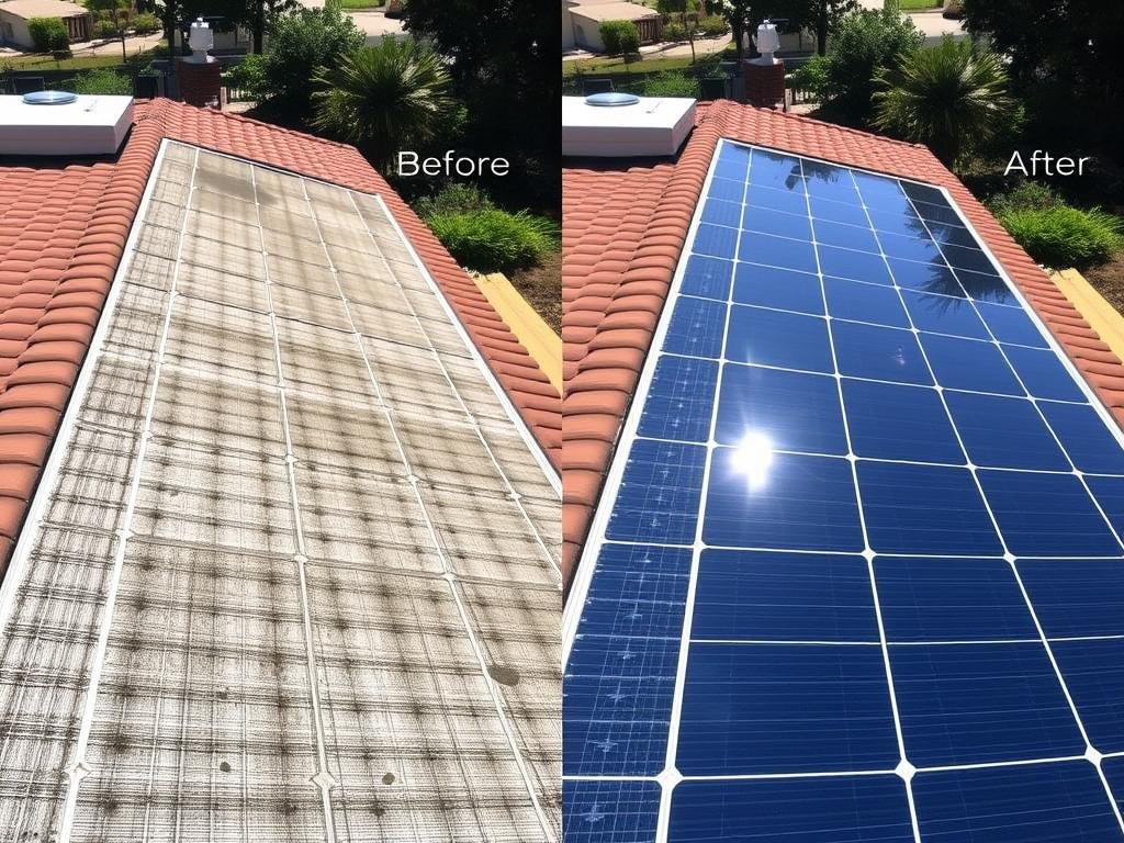 Before and after solar panel cleaning in Beverly Hills showing dramatic difference