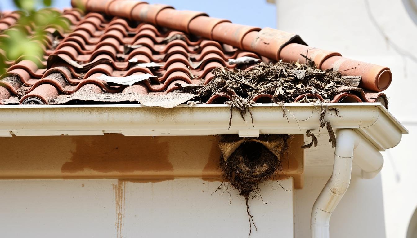 Bird damage on a luxury Beverly Hills home showing roof deterioration and gutter problems caused by birds doing the most damage in 90210