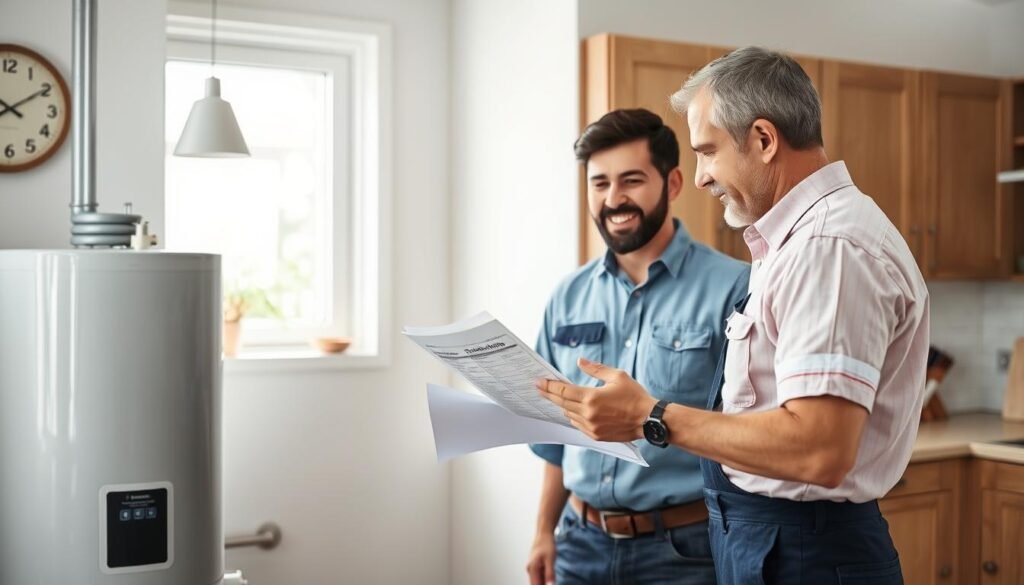 Contractor providing water heater replacement estimate to Santa Ana homeowner