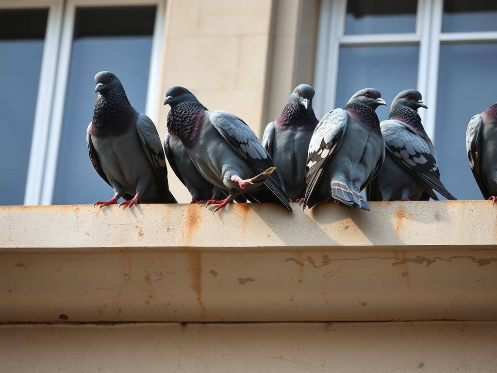 Pigeons roosting on a Beverly Hills building ledge with visible droppings and damage