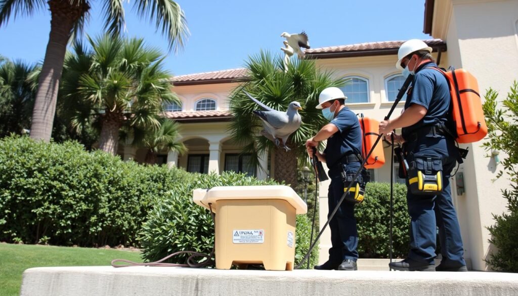 Professional bird control team working on a Beverly Hills property