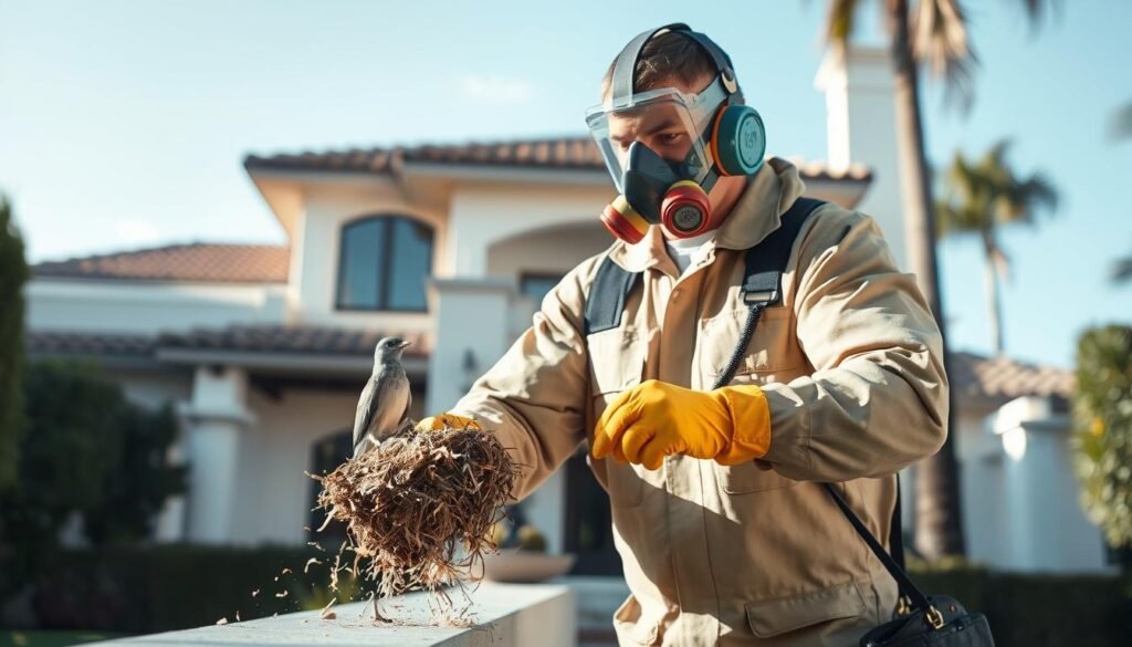 Professional in protective gear safely removing bird droppings from a Beverly Hills property