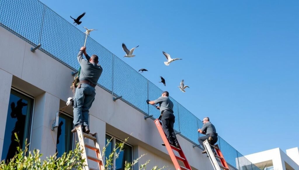 Professional installing bird control measures on a Beverly Hills property