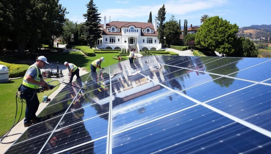 Professional team cleaning solar panels on a large Beverly Hills estate