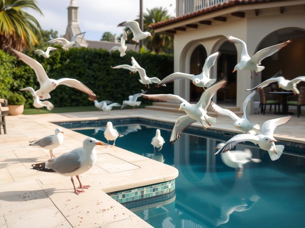 Seagulls causing damage to a Beverly Hills property near a pool area