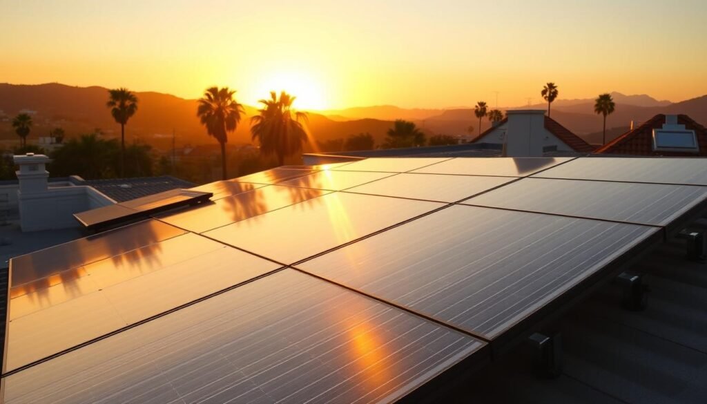 Sunset view of clean solar panels on Beverly Hills home