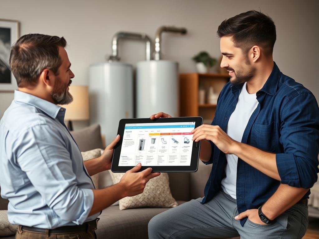 Technician discussing water heater options with Santa Ana homeowner