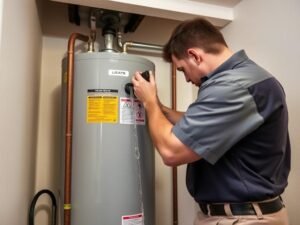 Technician performing maintenance on tank water heater in Santa Ana