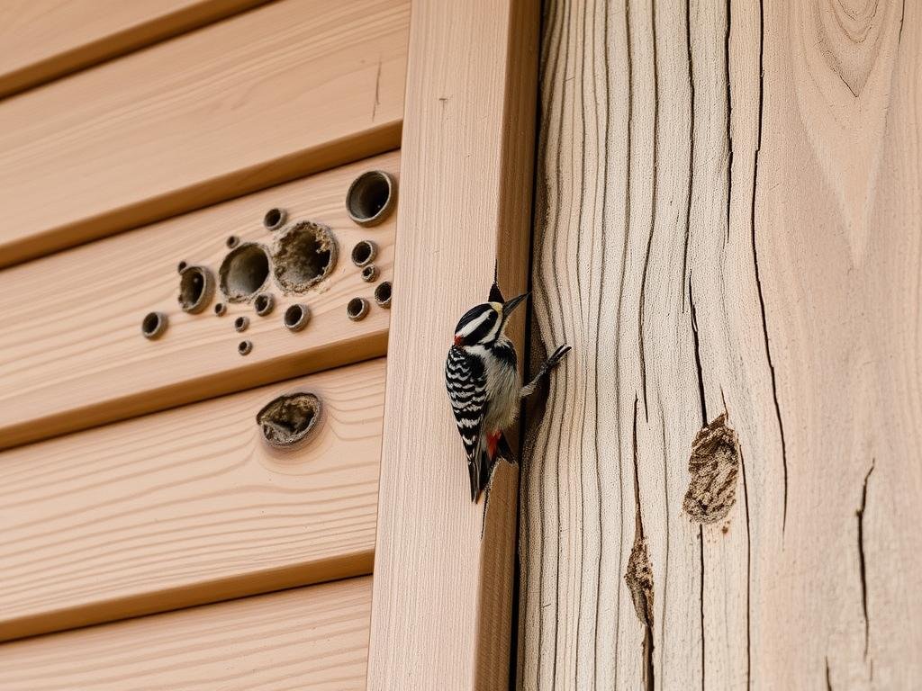 Woodpecker damage on a wooden siding of a Beverly Hills home