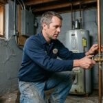 Seattle plumber turning a brass main water shut-off valve in a Craftsman home basement during an emergency plumbing call
