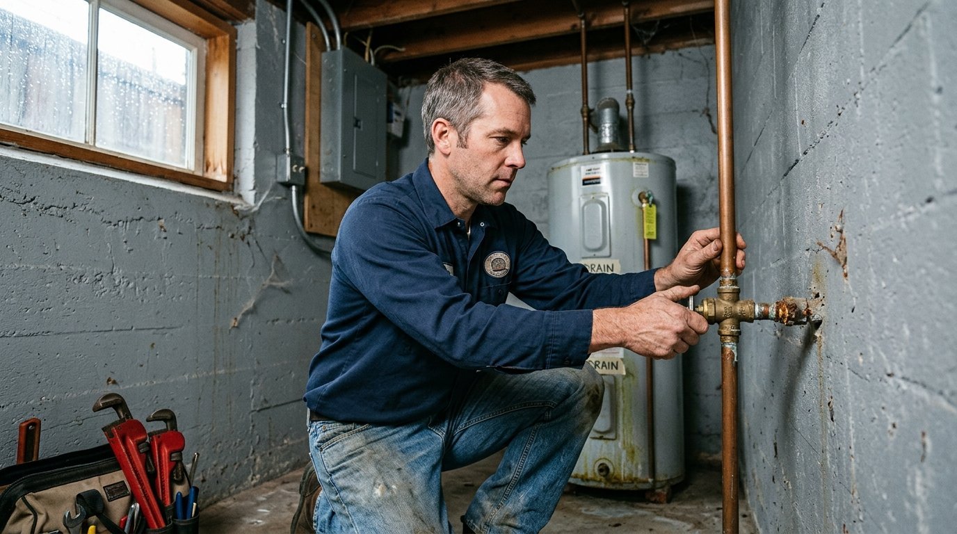 Seattle plumber turning a brass main water shut-off valve in a Craftsman home basement during an emergency plumbing call