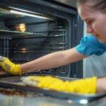diligently cleaning the open oven
