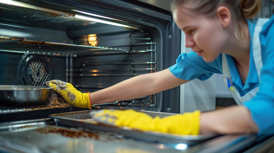 diligently cleaning the open oven