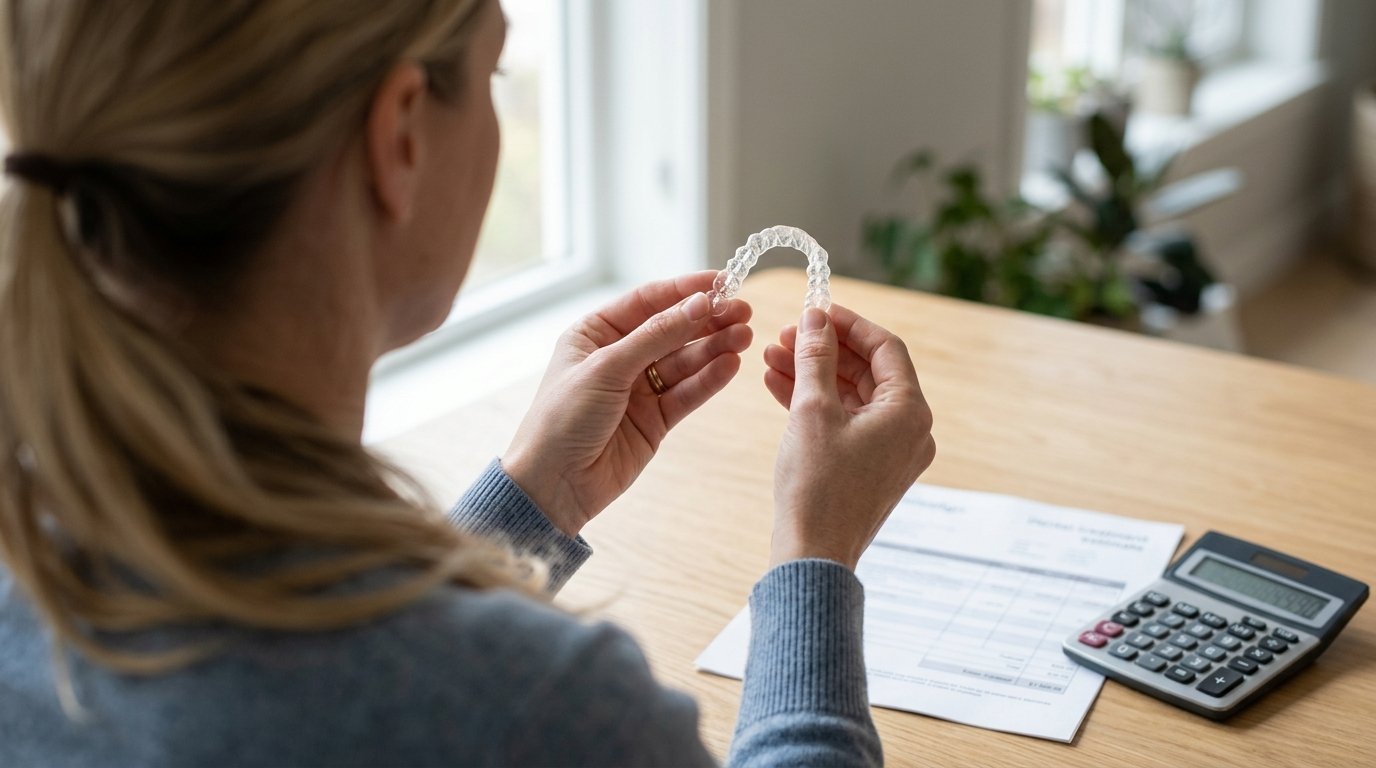 Hands holding a clear Invisalign aligner tray beside a calculator and a printed treatment estimate on a desk