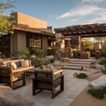 Modern desert landscaping in Queen Creek Arizona featuring decorative river rock, native plants, and paver walkway with professional installation