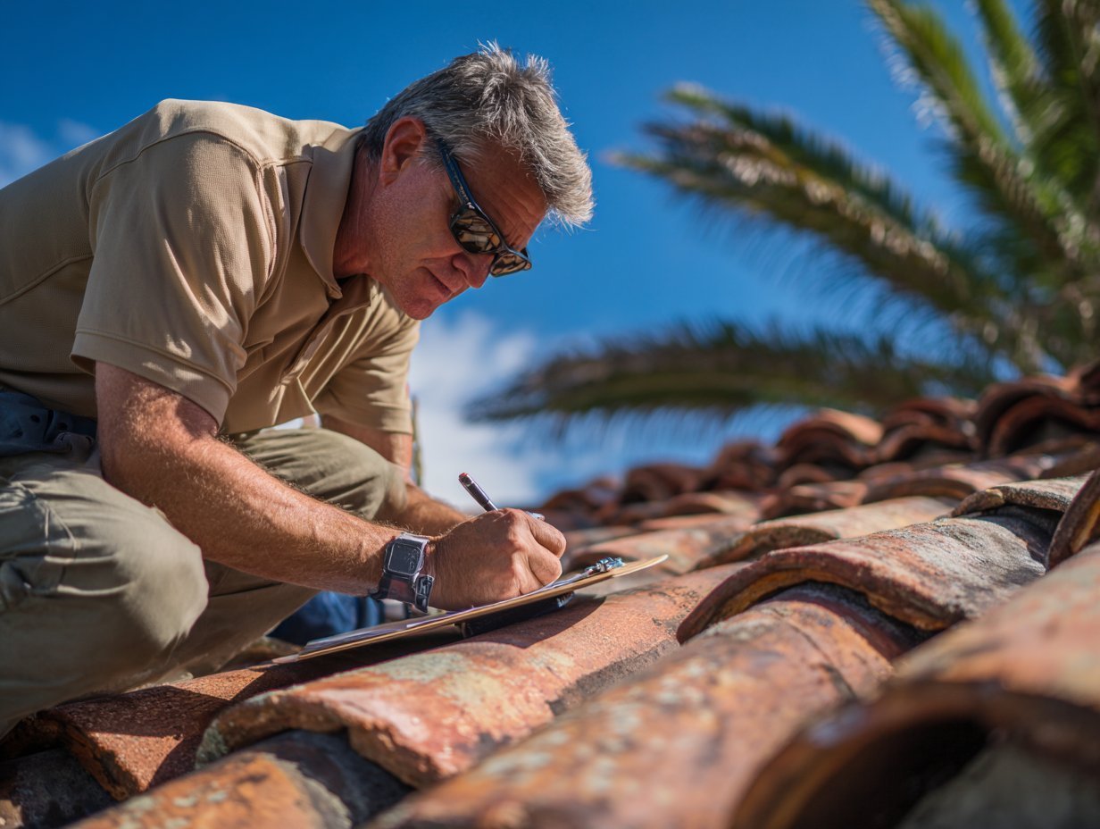 Home inspector examines Spanish tile roof for salt air damage during Gulf Coast inspection in Florida